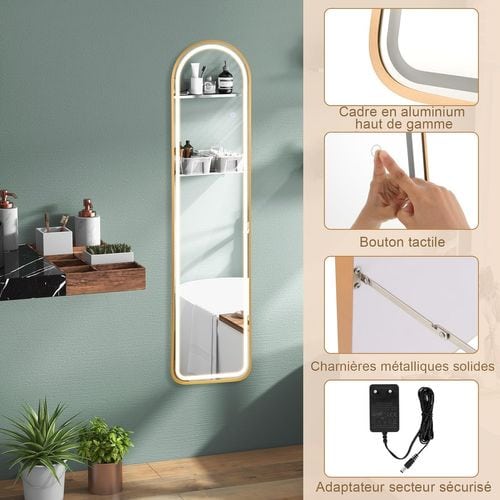 Miroir Sur Pied Rectangulaire Avec LED, Grand Miroir Mural 37x155 Cm, Doré(semi-circulaire)