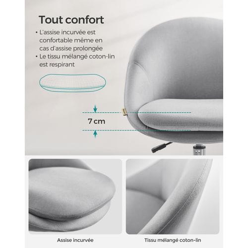 Chaise De Bureau, Fauteuil Pivotant, Siège Confort, Rembourrage En Mousse, Gris