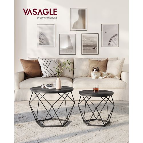 Table Basse Ronde, Lot De 2, Bout De Canapé, Style Moderne, Cadre En Acier, Pour Salon, Noir