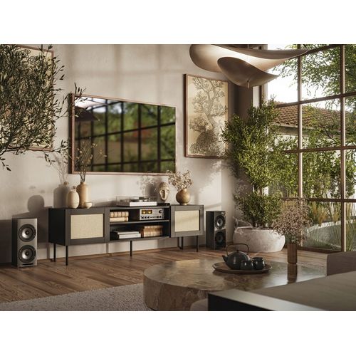 Meuble TV 180x55x40 Cm Noir Yota Meuble Hi-fi Luxueux Sur Pieds Avec 2 Portes