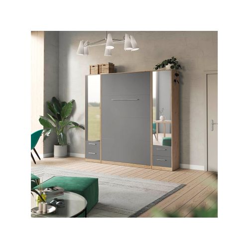 Lit Escamotable +2 Placards Vertical 140x200+(50x2)cm Miroir Lit Mural Chêne Sauvage/anthracite