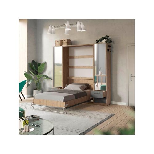 Lit Escamotable +2 Placards Vertical 140x200+(50x2)cm Miroir Lit Mural Chêne Sauvage/anthracite