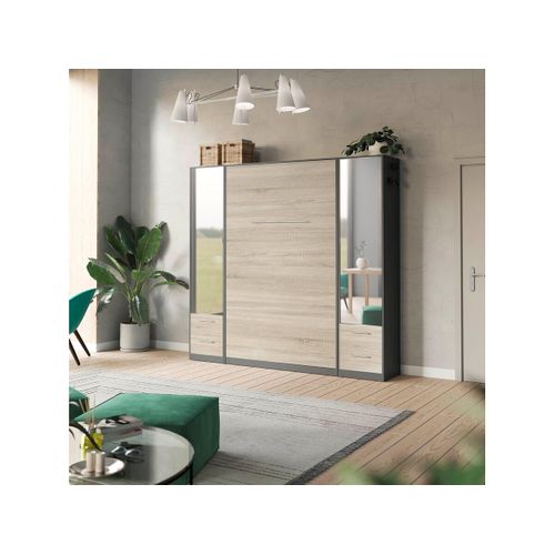 Lit Escamotable +2 Placards Vertical 90x200+(50x2)cm Miroir Lit Mural  Anthracite/chêne Sonoma