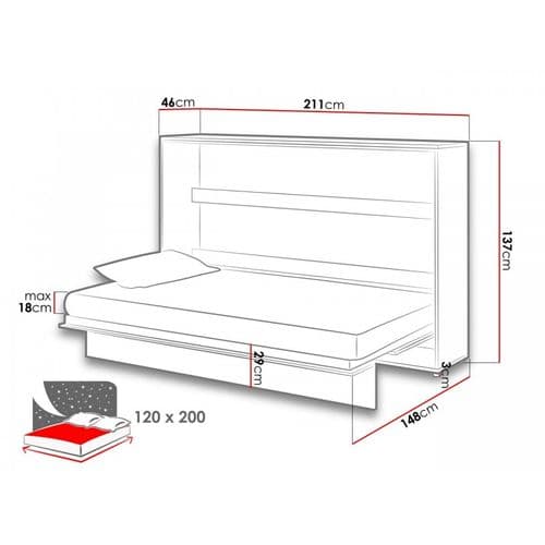 Lenart Lit Escamotable Matelas Inclus Horizontal 120x200cm Blanc Mat Lit Rabattable"consus"