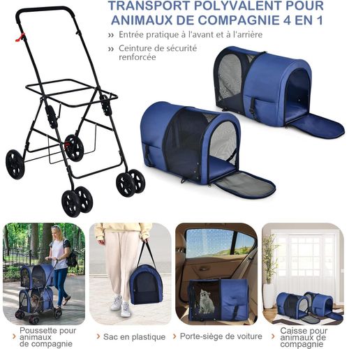 Poussette Buggy Pliable Chien Double Cage Détachable 4 Roues Avant Universelles