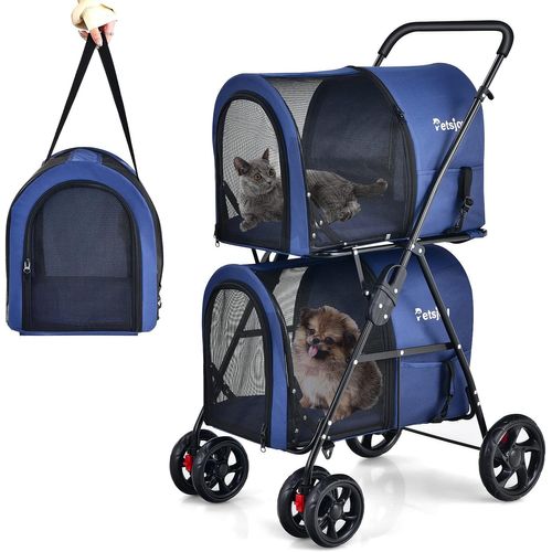 Poussette Buggy Pliable Chien Double Cage Détachable 4 Roues Avant Universelles