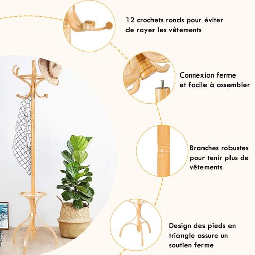 Porte-manteau Sur Pieds En Bois Avec 12 Crochets,porte-parapluie,charge Maximale 10kg,180 Cm De Haut