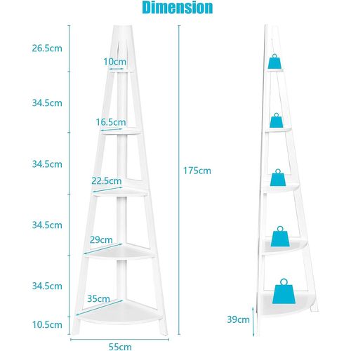 Bibliothèque / Étagère De Rangement Pour Angle Avec 5 Étagères Style Moderne 35x35x175 Cm, Blanc