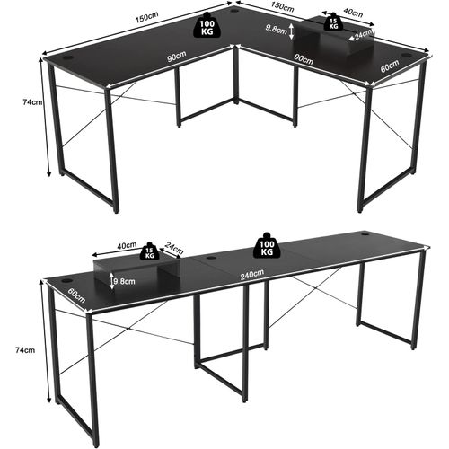 Bureau D'angle En L Réversible Avec Support De Moniteur -assemblage Facile-150 X 150 X 74 Cm Noir