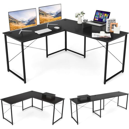 Bureau D'angle En L Réversible Avec Support De Moniteur -assemblage Facile-150 X 150 X 74 Cm Noir