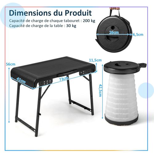 Ensemble De Table Et Tabourets Pliants Extérieur Chaque Chaise Charge 200 Kg, Table De Camping