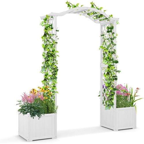 Arche De Jardin Avec Jardinière En Bois Avec Treillis, Pergola Extérieur(blanc)