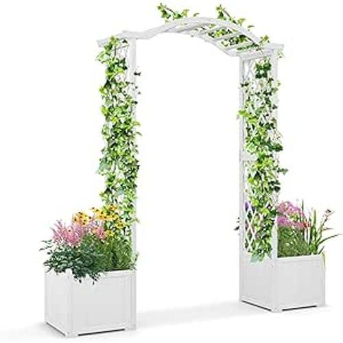 Arche De Jardin Avec Jardinière En Bois Avec Treillis, Pergola Extérieur(blanc)