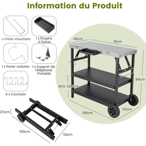 Desserte Extérieure à Roulettes à 3 Étagères, Chariot Service De Cuisine Étagère Réglable Support