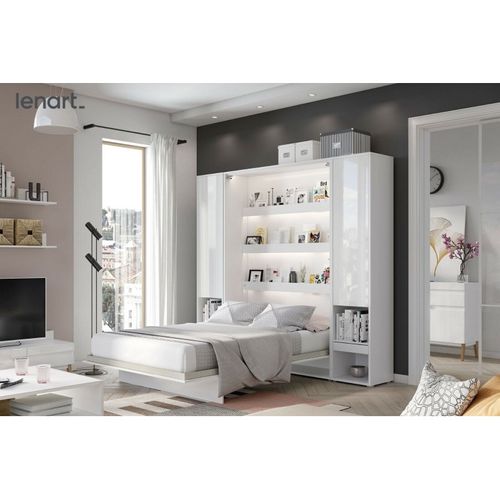 Armoire Lit Escamotable +2 Placards Tiroir Vertical 140x200 Blanc Brillant Tiroir Lit Mural"consus"