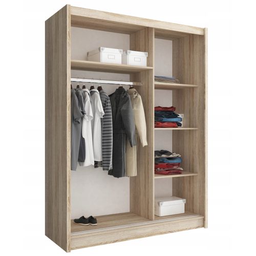 Armoire Placard 150x62x200 cm Porte Coulissante Avec Miroir Étagères Blanc Mat Modèle Alaia