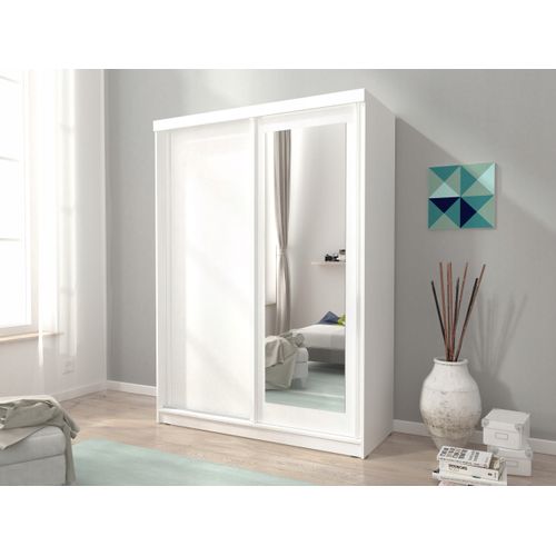 Armoire Placard 150x62x200 cm Porte Coulissante Avec Miroir Étagères Blanc Mat Modèle Alaia