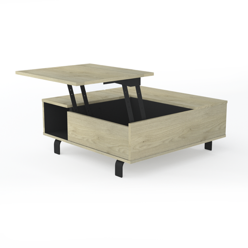 Table Basse Plateau Relevable Et Coffre Intérieur - Effet Bois Et Noir