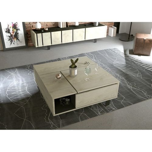 Table Basse Plateau Relevable Et Coffre Intérieur - Effet Bois Et Noir