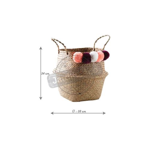 Panier Rond En Jonc Naturel Avec Pompons Ponpons Multicolores