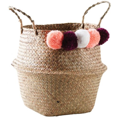 Panier Rond En Jonc Naturel Avec Pompons Ponpons Multicolores