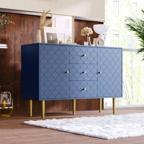 Commode 2 portes et 3 tiroirs 82x120x40, étagère réglable, pour salon, chambre, bleu