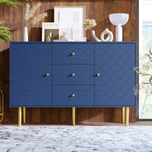 Commode 2 portes et 3 tiroirs 82x120x40, étagère réglable, pour salon, chambre, bleu