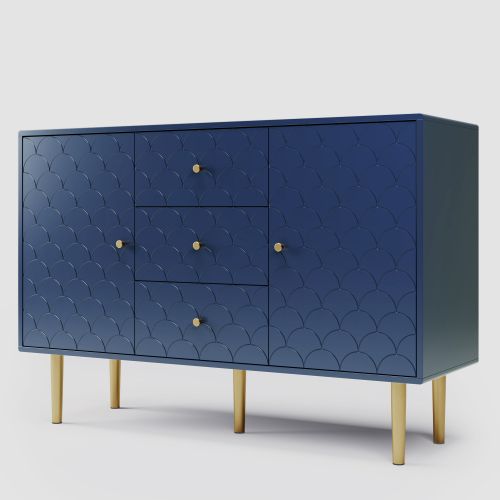 Commode 2 portes et 3 tiroirs 82x120x40, étagère réglable, pour salon, chambre, bleu