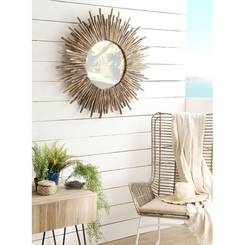 Laly - Miroir Rond Marron 90x90cm Soleil Branches Bois Teck