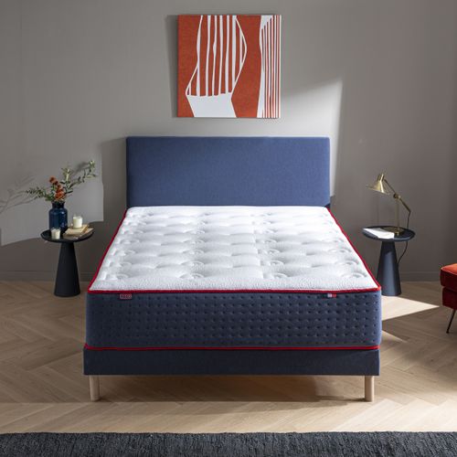 Ensemble - Matelas Ressort Ferme + Sommier Le Veritable 140 X 190 Cm Blanc, Bleu Foncé