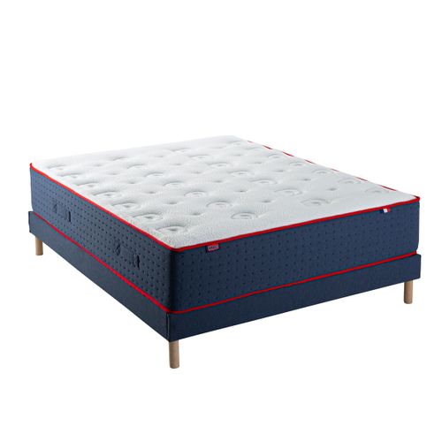 Ensemble - Matelas Ressort Ferme + Sommier Le Veritable 140 X 190 Cm Blanc, Bleu Foncé