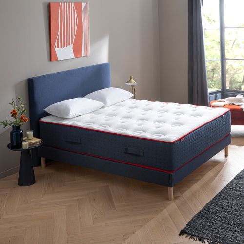 Ensemble - Matelas Ressort Ferme + Sommier Le Veritable 140 X 190 Cm Blanc, Bleu Foncé