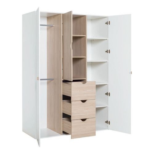 Armoire Dressing 3 Portes 3 Tiroirs - Décor Blanc Et Pin