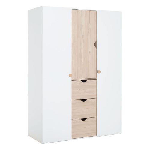 Armoire Dressing 3 Portes 3 Tiroirs - Décor Blanc Et Pin