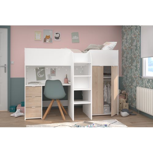 Lit Combiné Mezzanine Enfant - Décor Blanc Et Chêne - Sommier Inclus - 90x200 Cm - Tom