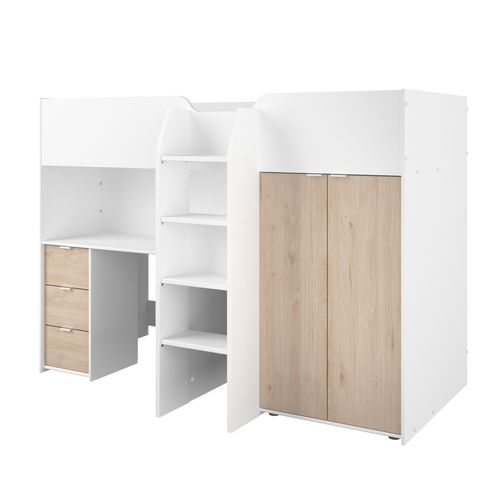 Lit Combiné Mezzanine Enfant - Décor Blanc Et Chêne - Sommier Inclus - 90x200 Cm - Tom