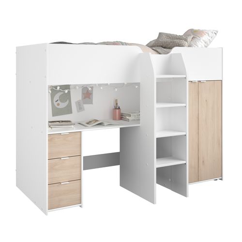 Lit Combiné Mezzanine Enfant - Décor Blanc Et Chêne - Sommier Inclus - 90x200 Cm - Tom