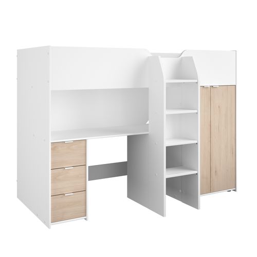 Lit Combiné Mezzanine Enfant - Décor Blanc Et Chêne - Sommier Inclus - 90x200 Cm - Tom