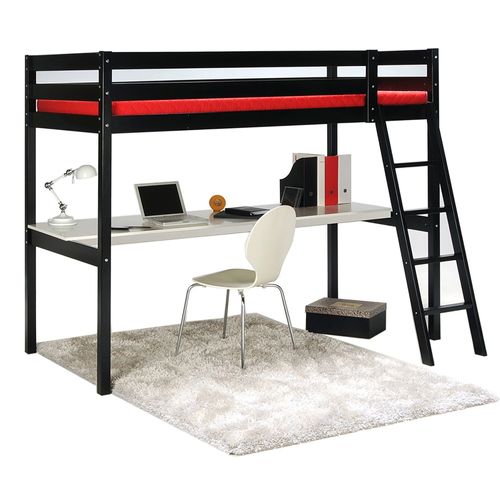 Lit Mezzanine Enfant En Bois Épicéa Massif Verni Noir + Sommier - L 90 X L 190 Cm - Ashton