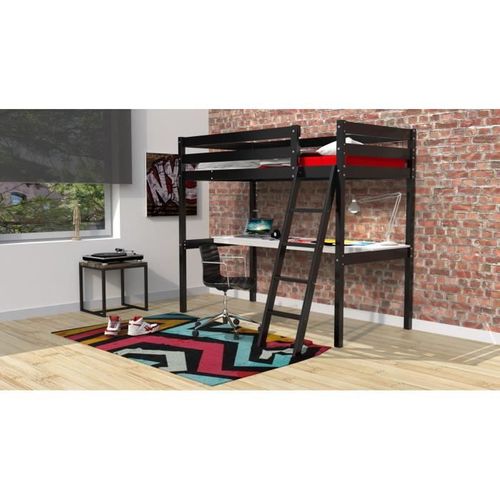 Lit Mezzanine Enfant En Bois Épicéa Massif Verni Noir + Sommier - L 90 X L 190 Cm - Ashton