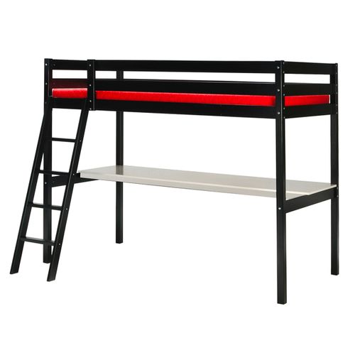 Lit Mezzanine Enfant En Bois Épicéa Massif Verni Noir + Sommier - L 90 X L 190 Cm - Ashton