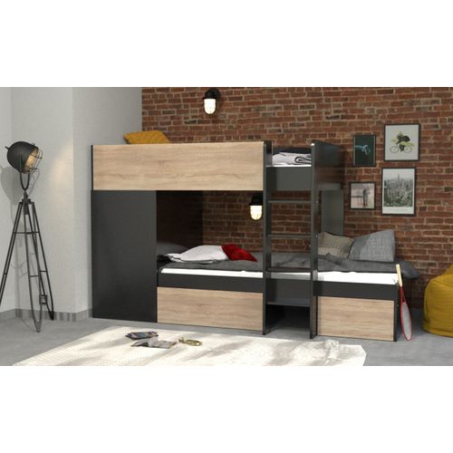 Lit superposé 90x190 cm avec armoire et 2 tiroirs TWIN imitation chêne et noir