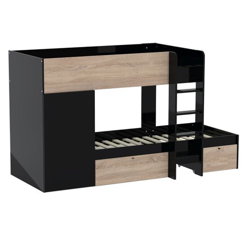 Lit superposé 90x190 cm avec armoire et 2 tiroirs TWIN imitation chêne et noir