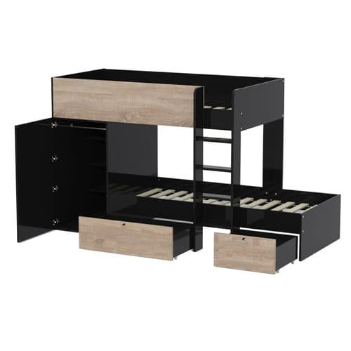 Lit superposé 90x190 cm avec armoire et 2 tiroirs TWIN imitation chêne et noir