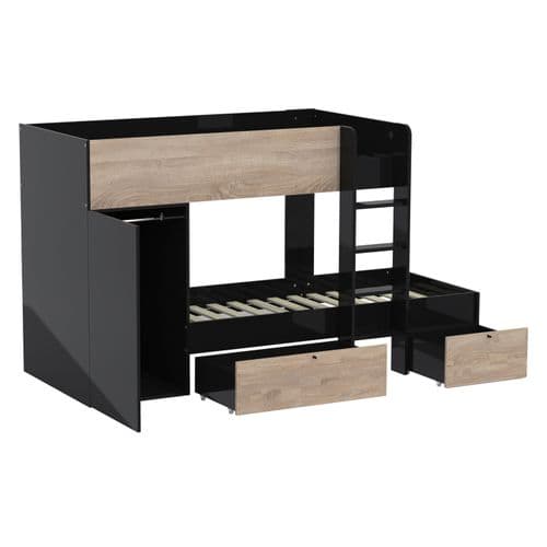 Lit superposé 90x190 cm avec armoire et 2 tiroirs TWIN imitation chêne et noir