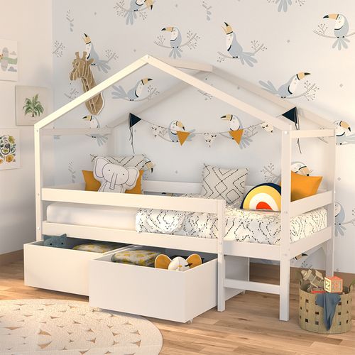 Lit Cabane Mi-hauteur 90x190 Sommier Et Tiroirs Inclus Penny - Blanc