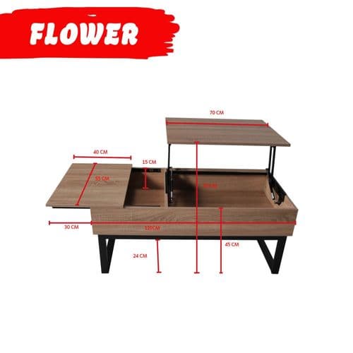 Table Basse Plateau Relevable Flower 110x55cm / Chêne Blanchi Et Métal Noir