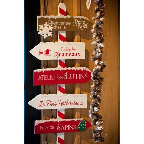 Déco De Noël Pancarte En Bois Rouge Et Blanc Enneigé H 120 Cm