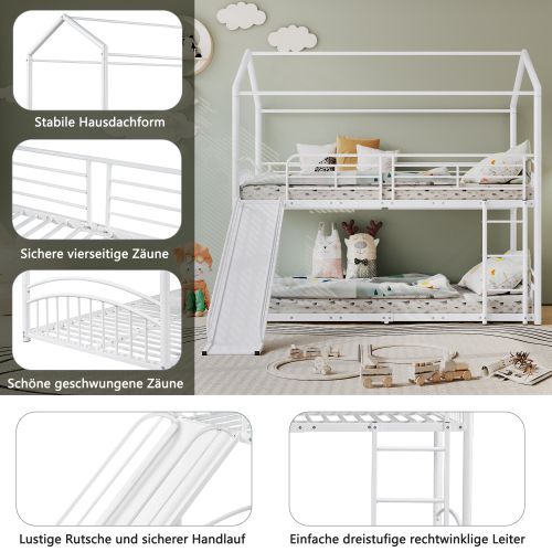 Lit enfant cabane superposé 90x200 avec échelle, toboggan et protection antichute, en métal, blanc