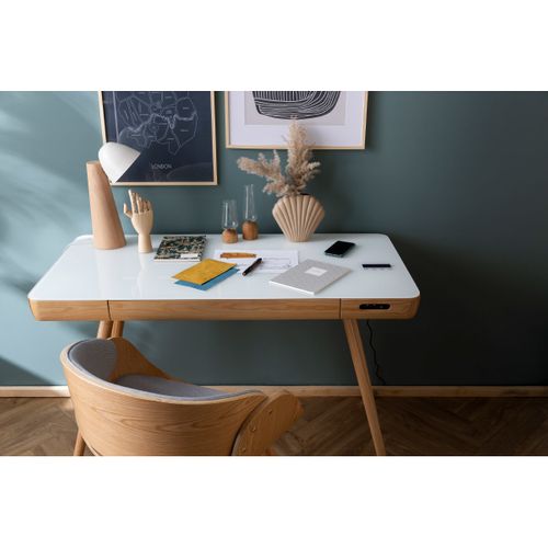 Bureau Connecté Multimédia Avec Tiroir En Verre Et Métal Blanc L120 Cm Clever